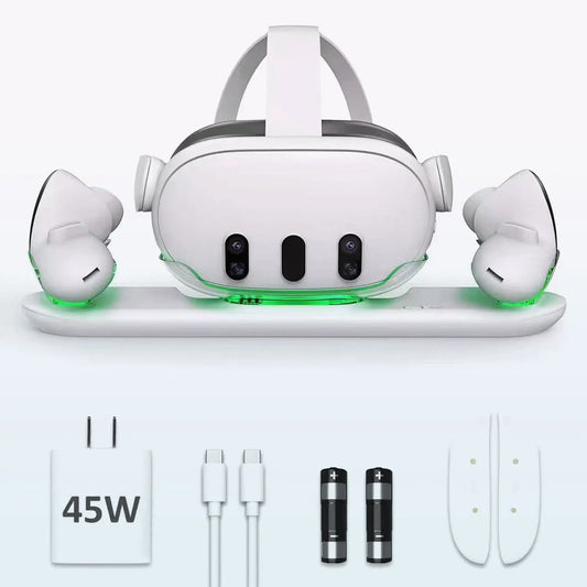 45W Charging Dock for Oculus/Meta Quest 3 VR Headset Controller    USB-C LED Indicator Fast Charger with 2 Rechargeable Battery