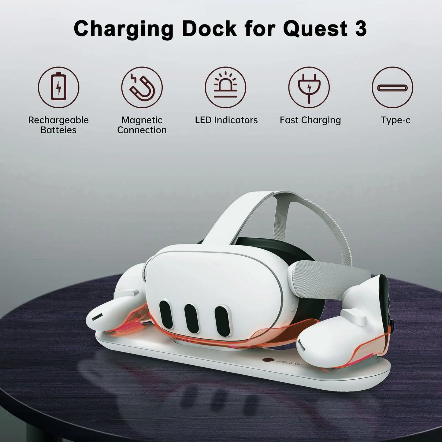 45W Charging Dock for Oculus/Meta Quest 3 VR Headset Controller    USB-C LED Indicator Fast Charger with 2 Rechargeable Battery